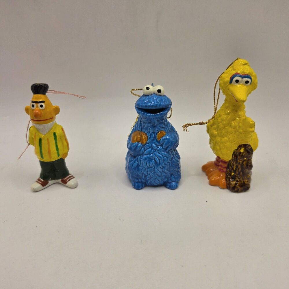 VTG 1977 Sesame Street Cookie Monster Bert Big Bird Christmas Ornaments Ceramic